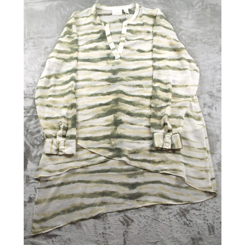 CHICOS Shirt Womens Large Green Asymmetrical Hem Tunic Top Sheer Blouse V-Neck